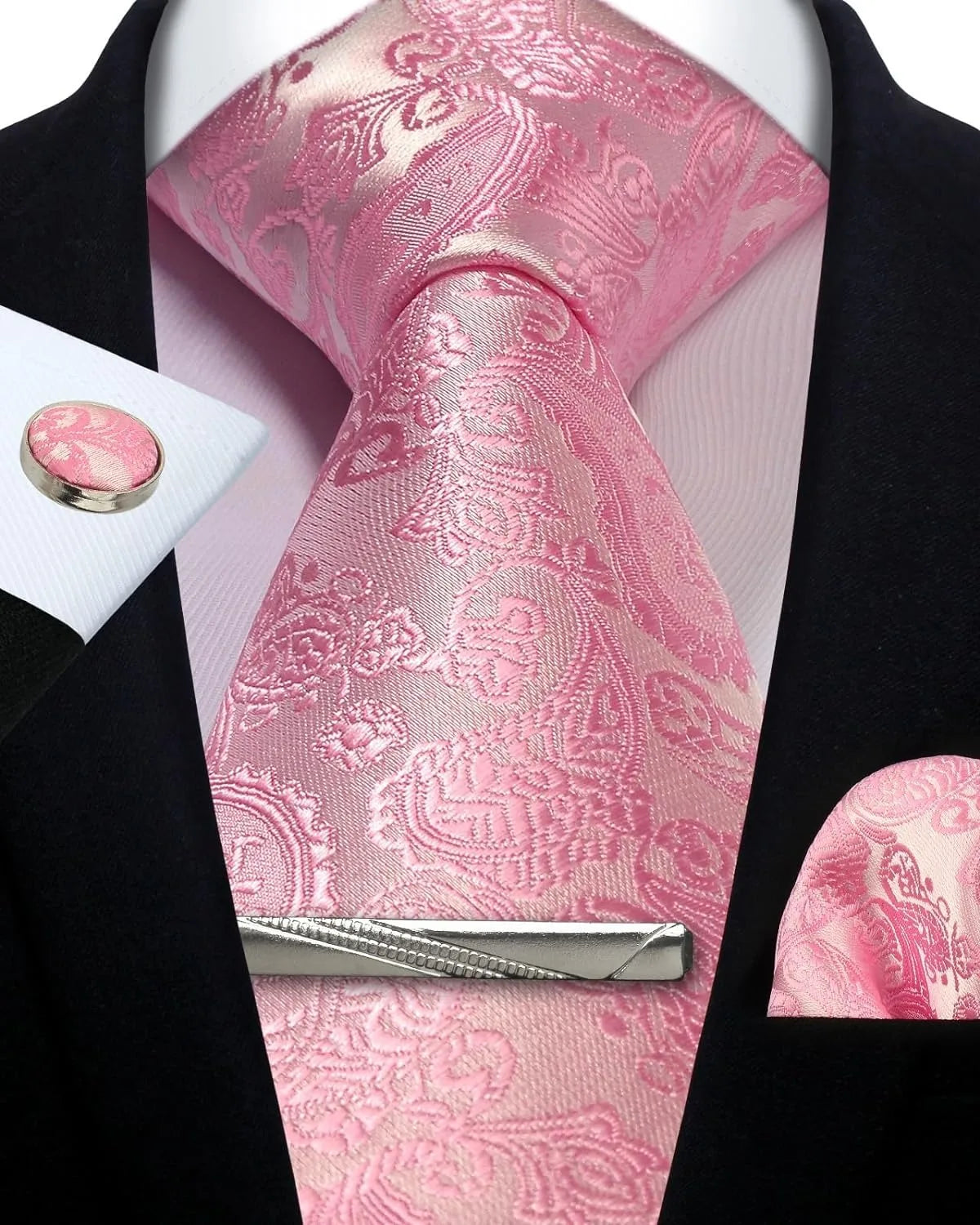 Mens Silk Tie Set - Silver Paisley Necktie with Pocket Square  Cufflinks for Formal Events - ZOOMNSTORE