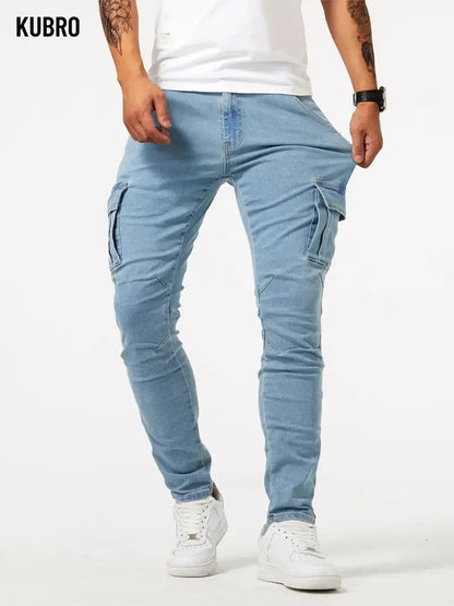 Mens Slim Fit Denim Cargo Pants - Casual Multi-Pocket Joggers - ZOOMNSTORE