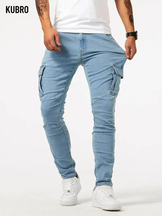 Mens Slim Fit Denim Cargo Pants - Casual Multi-Pocket Joggers - ZOOMNSTORE