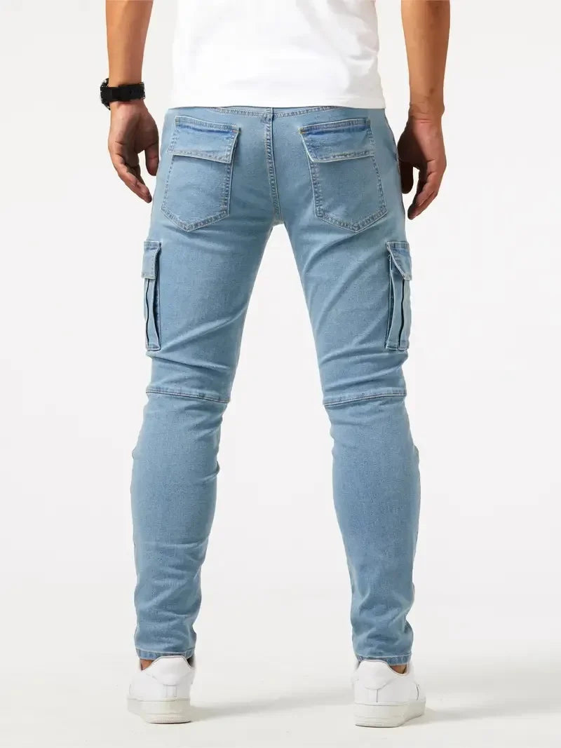 Mens Slim Fit Denim Cargo Pants - Casual Multi-Pocket Joggers - ZOOMNSTORE