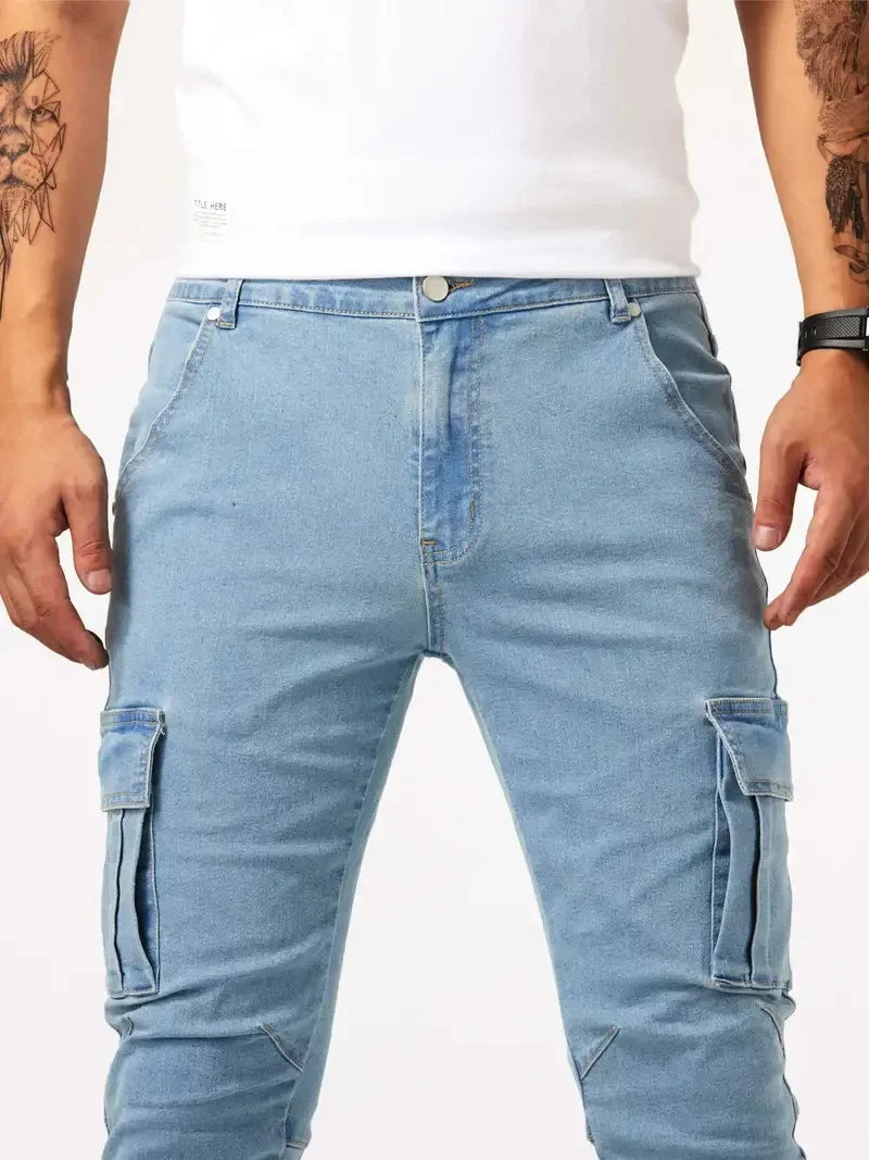 Mens Slim Fit Denim Cargo Pants - Casual Multi-Pocket Joggers - ZOOMNSTORE