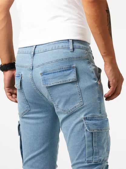 Mens Slim Fit Denim Cargo Pants - Casual Multi-Pocket Joggers - ZOOMNSTORE