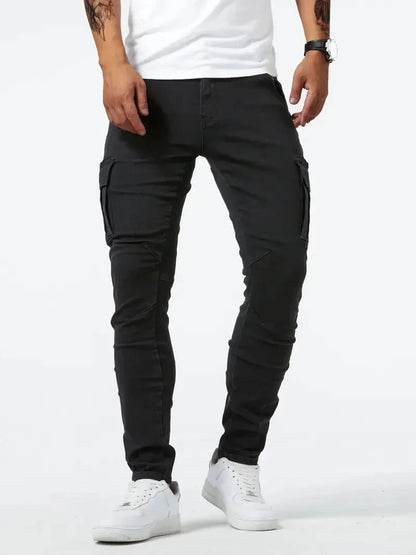 Mens Slim Fit Denim Cargo Pants - Casual Multi-Pocket Joggers - ZOOMNSTORE