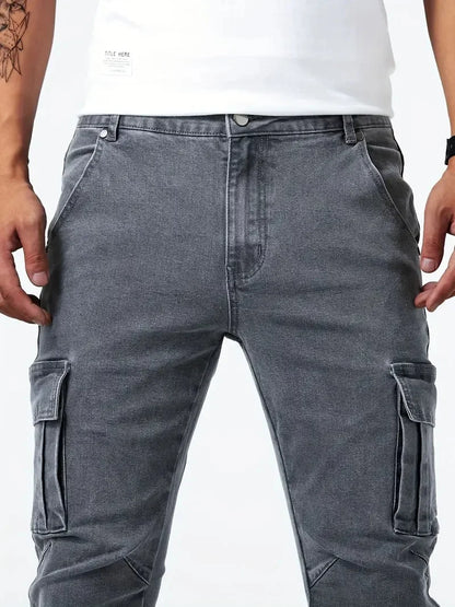 Mens Slim Fit Denim Cargo Pants - Casual Multi-Pocket Joggers - ZOOMNSTORE