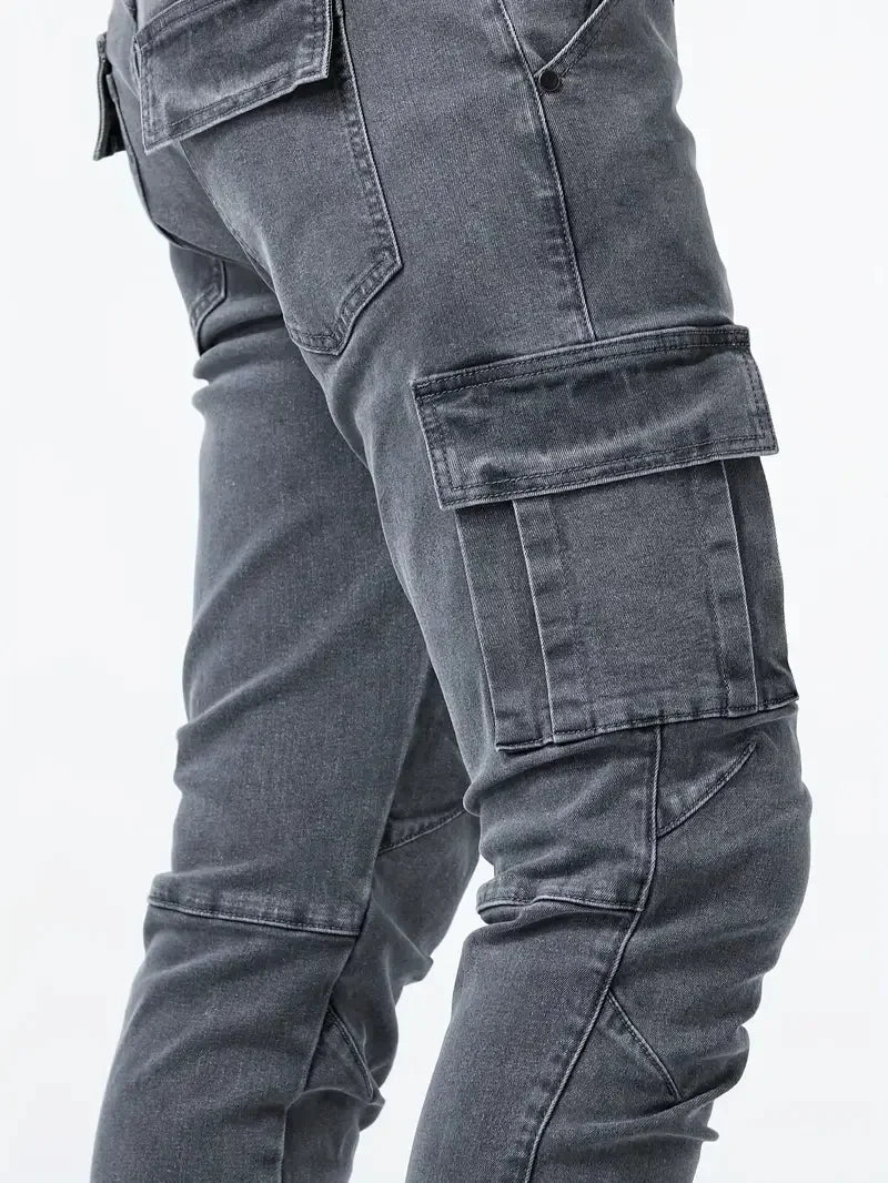 Mens Slim Fit Denim Cargo Pants - Casual Multi-Pocket Joggers - ZOOMNSTORE