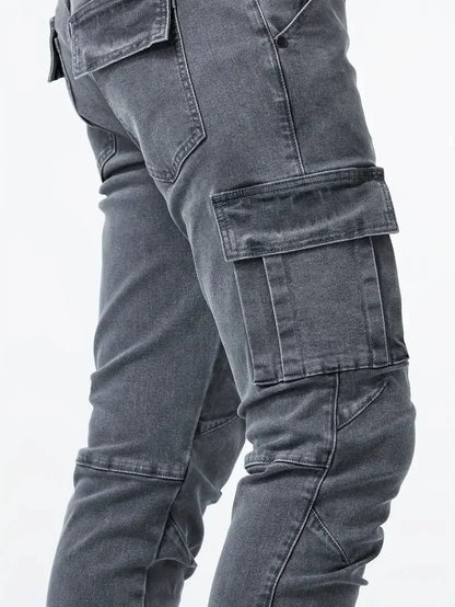 Mens Slim Fit Denim Cargo Pants - Casual Multi-Pocket Joggers - ZOOMNSTORE