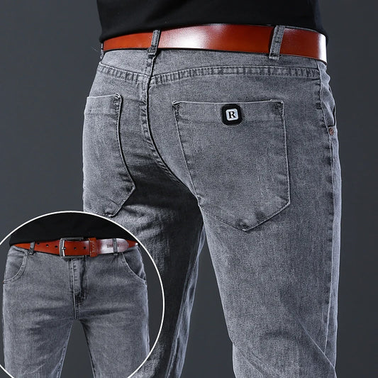 Mens Slim Fit Korean Jeans - Comfortable Gray Straight Leg Denim Pants - ZOOMNSTORE