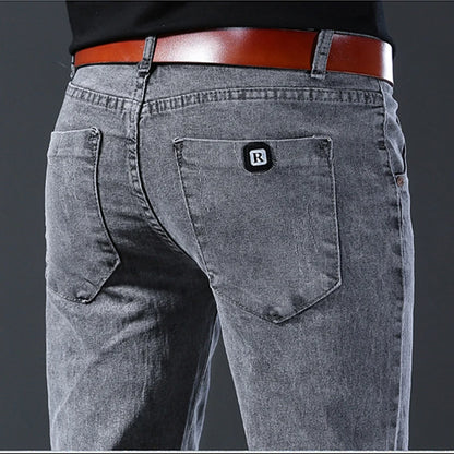 Mens Slim Fit Korean Jeans - Comfortable Gray Straight Leg Denim Pants - ZOOMNSTORE