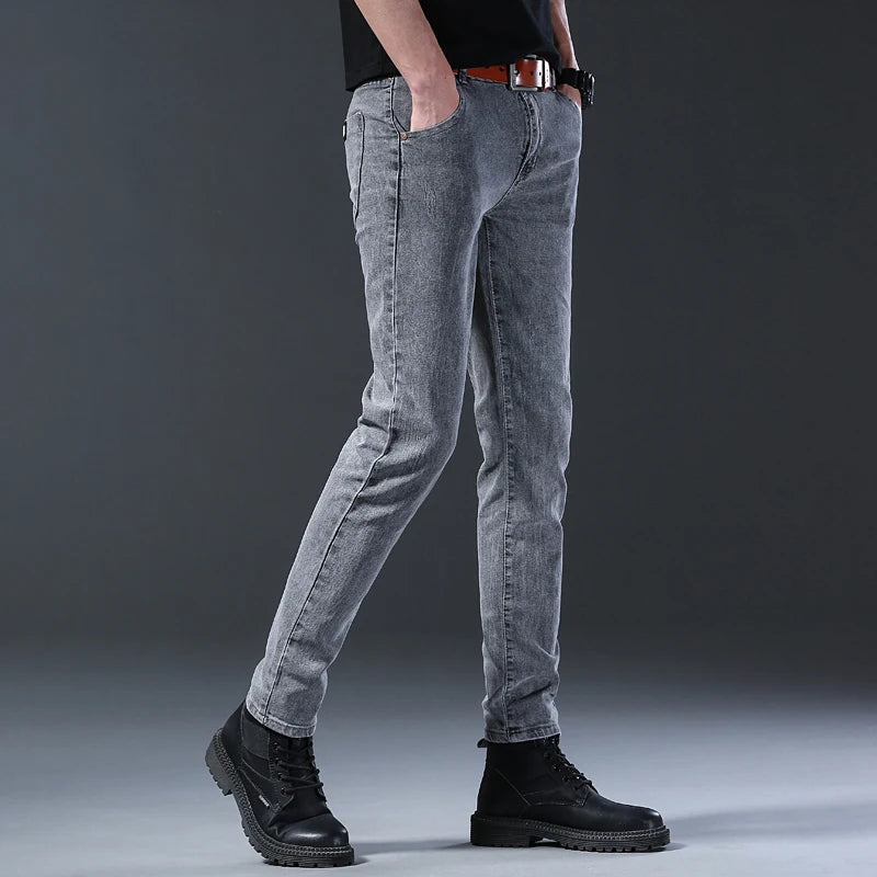 Mens Slim Fit Korean Jeans - Comfortable Gray Straight Leg Denim Pants - ZOOMNSTORE