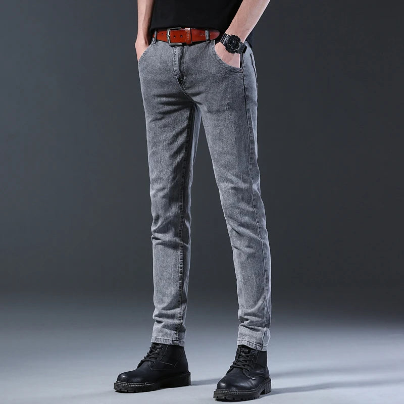 Mens Slim Fit Korean Jeans - Comfortable Gray Straight Leg Denim Pants - ZOOMNSTORE