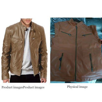 Mens Slim Fit Leather Motorcycle Jacket - Casual Autumn PU Coat - ZOOMNSTORE