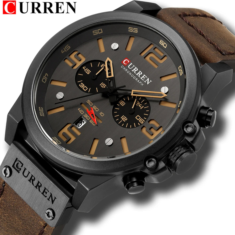 CURREN Mens Luxury Waterproof Sport Watch - Chronograph Quartz Military Leather - ZOOMNSTORE