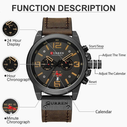 CURREN Mens Luxury Waterproof Sport Watch - Chronograph Quartz Military Leather - ZOOMNSTORE