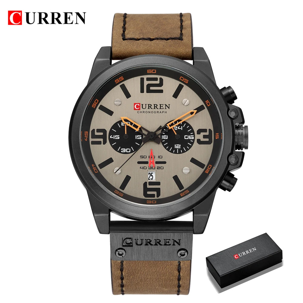 CURREN Mens Luxury Waterproof Sport Watch - Chronograph Quartz Military Leather - ZOOMNSTORE