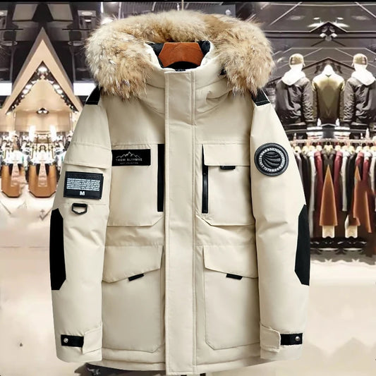 Mens Winter Down Coat - Waterproof Hooded Duck Down Coat With Fur Collar | Slim Fit Casual Warm Jacket - ZOOMNSTORE