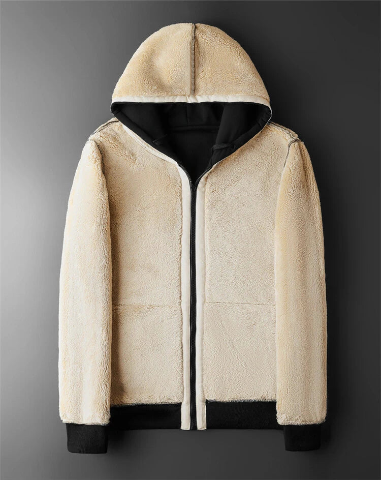 Mens Winter Lambswool Hooded Zipper Jacket - Warm Long Sleeve Fleece Coat - ZOOMNSTORE