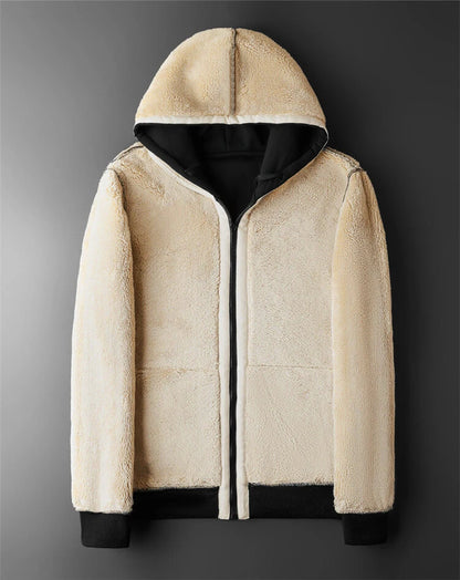 Mens Winter Lambswool Hooded Zipper Jacket - Warm Long Sleeve Fleece Coat - ZOOMNSTORE