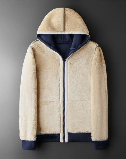 Mens Winter Lambswool Hooded Zipper Jacket - Warm Long Sleeve Fleece Coat - ZOOMNSTORE