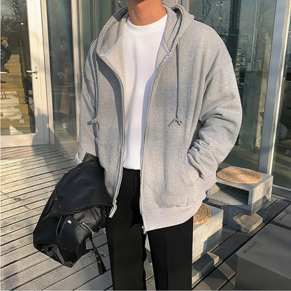 Mens Zip Up Hoodie - Solid Color Casual Jacket Y2K Fashion Outdoor Sweatshirt - ZOOMNSTORE