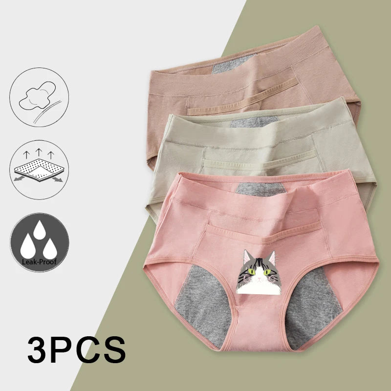 Leak Proof Cotton Menstrual Panties - Breathable Cartoon Cat Womens Intimates 3PCS - ZOOMNSTORE
