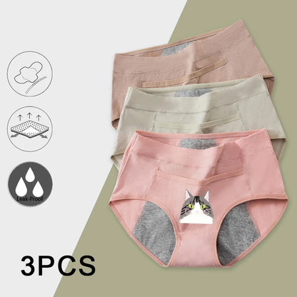 Leak Proof Cotton Menstrual Panties - Breathable Cartoon Cat Womens Intimates 3PCS - ZOOMNSTORE