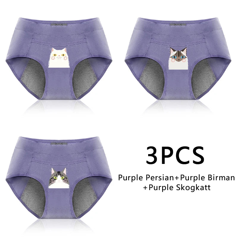 Leak Proof Cotton Menstrual Panties - Breathable Cartoon Cat Womens Intimates 3PCS - ZOOMNSTORE