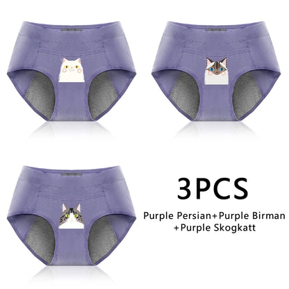 Leak Proof Cotton Menstrual Panties - Breathable Cartoon Cat Womens Intimates 3PCS - ZOOMNSTORE