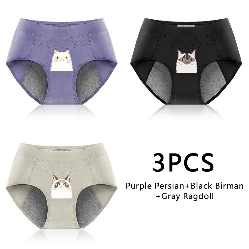 Leak Proof Cotton Menstrual Panties - Breathable Cartoon Cat Womens Intimates 3PCS - ZOOMNSTORE