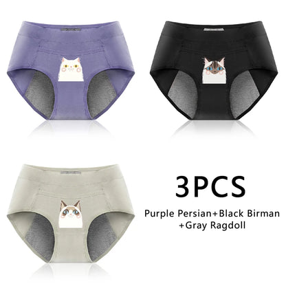 Leak Proof Cotton Menstrual Panties - Breathable Cartoon Cat Womens Intimates 3PCS - ZOOMNSTORE