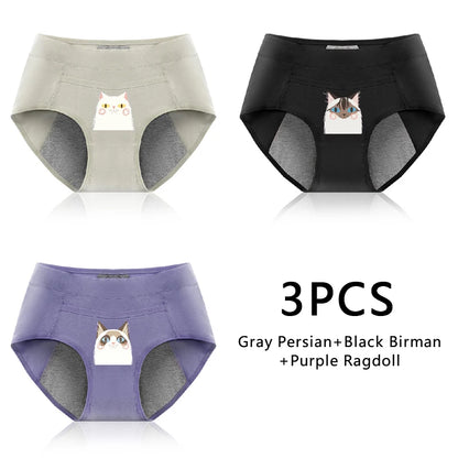 Leak Proof Cotton Menstrual Panties - Breathable Cartoon Cat Womens Intimates 3PCS - ZOOMNSTORE