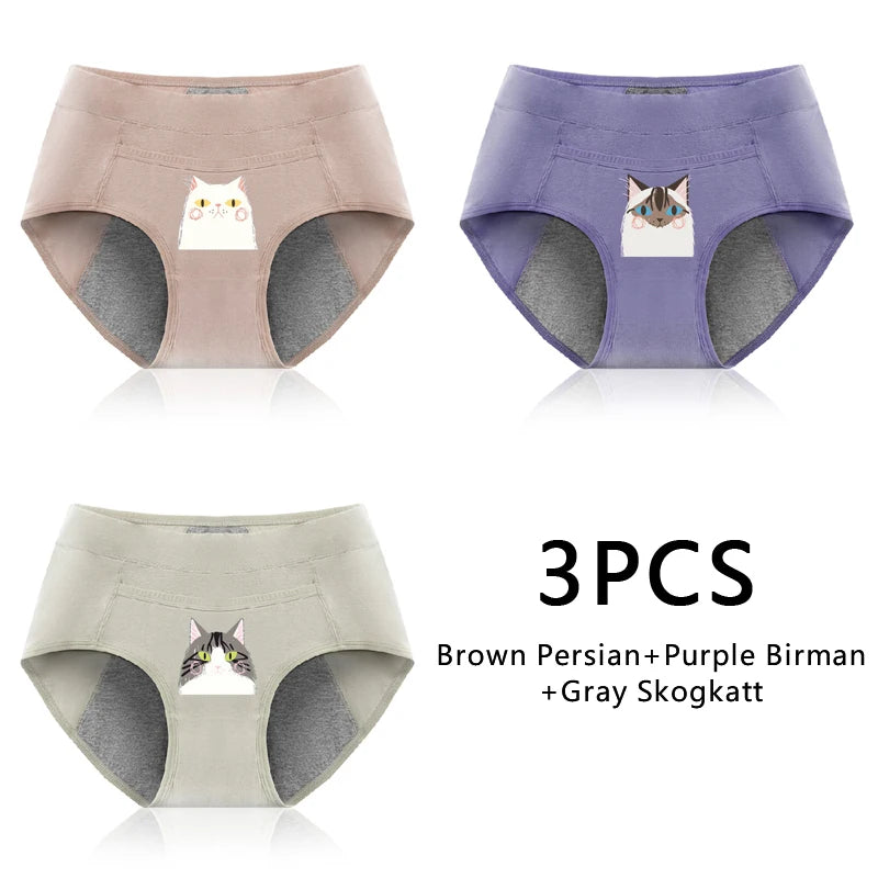 Leak Proof Cotton Menstrual Panties - Breathable Cartoon Cat Womens Intimates 3PCS - ZOOMNSTORE