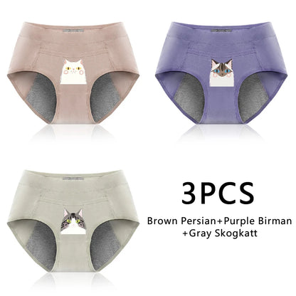 Leak Proof Cotton Menstrual Panties - Breathable Cartoon Cat Womens Intimates 3PCS - ZOOMNSTORE