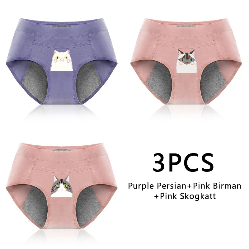 Leak Proof Cotton Menstrual Panties - Breathable Cartoon Cat Womens Intimates 3PCS - ZOOMNSTORE