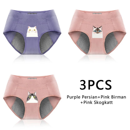 Leak Proof Cotton Menstrual Panties - Breathable Cartoon Cat Womens Intimates 3PCS - ZOOMNSTORE