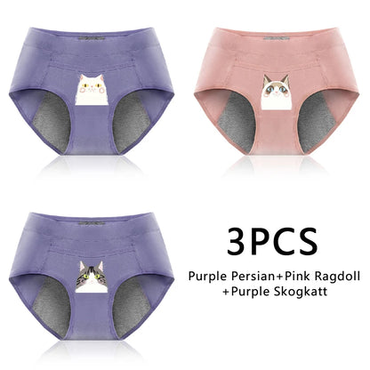 Leak Proof Cotton Menstrual Panties - Breathable Cartoon Cat Womens Intimates 3PCS - ZOOMNSTORE