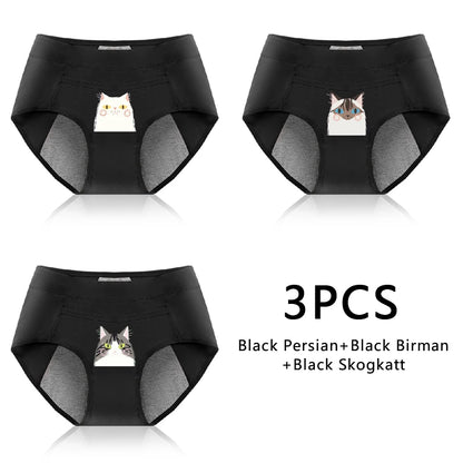 Leak Proof Cotton Menstrual Panties - Breathable Cartoon Cat Womens Intimates 3PCS - ZOOMNSTORE