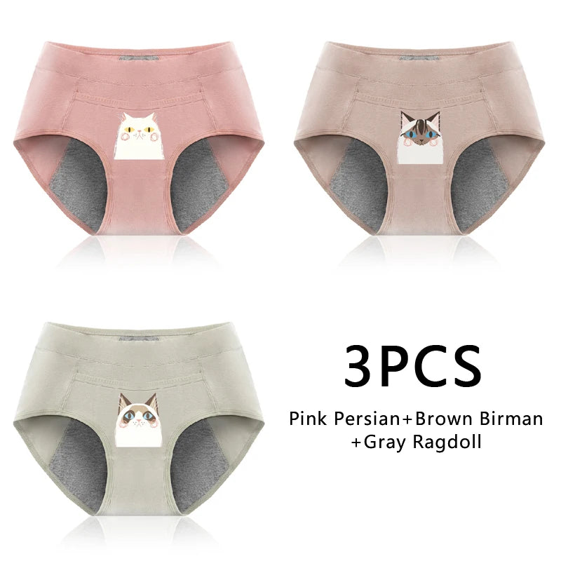 Leak Proof Cotton Menstrual Panties - Breathable Cartoon Cat Womens Intimates 3PCS - ZOOMNSTORE