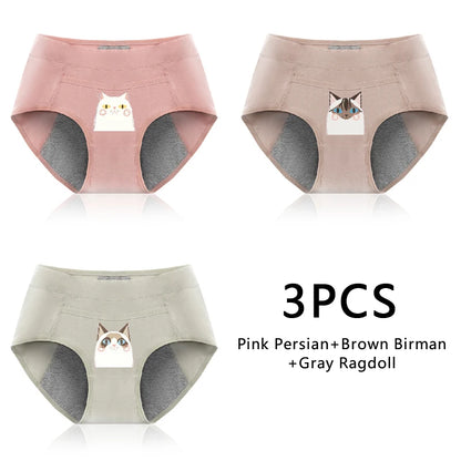 Leak Proof Cotton Menstrual Panties - Breathable Cartoon Cat Womens Intimates 3PCS - ZOOMNSTORE