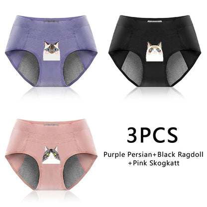 Leak Proof Cotton Menstrual Panties - Breathable Cartoon Cat Womens Intimates 3PCS - ZOOMNSTORE