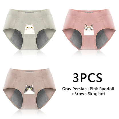 Leak Proof Cotton Menstrual Panties - Breathable Cartoon Cat Womens Intimates 3PCS - ZOOMNSTORE