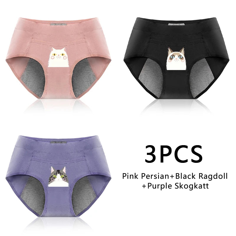 Leak Proof Cotton Menstrual Panties - Breathable Cartoon Cat Womens Intimates 3PCS - ZOOMNSTORE