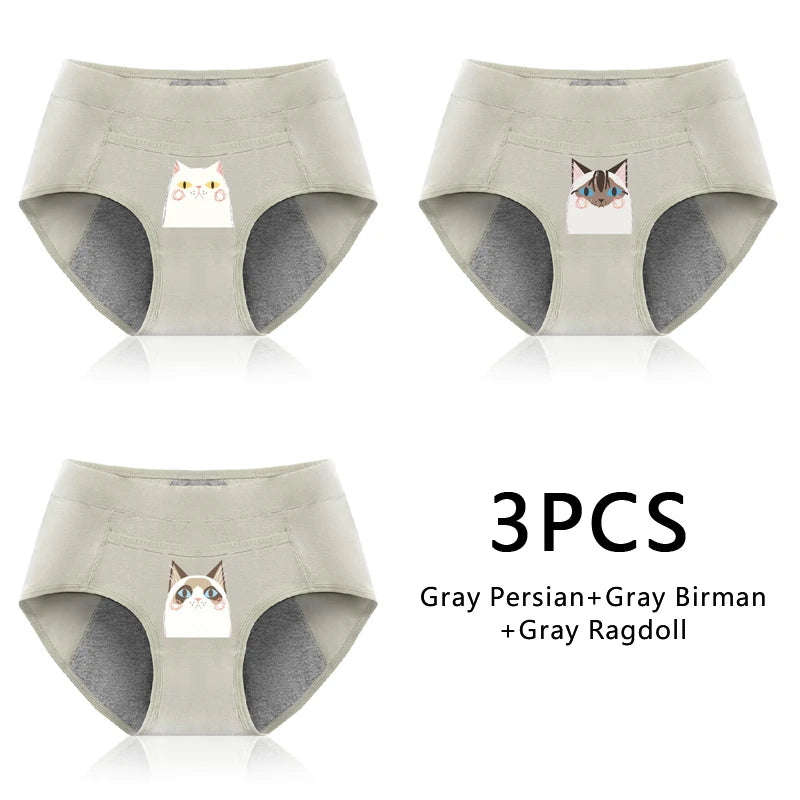 Leak Proof Cotton Menstrual Panties - Breathable Cartoon Cat Womens Intimates 3PCS - ZOOMNSTORE