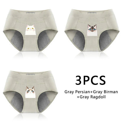 Leak Proof Cotton Menstrual Panties - Breathable Cartoon Cat Womens Intimates 3PCS - ZOOMNSTORE