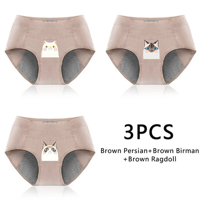 Leak Proof Cotton Menstrual Panties - Breathable Cartoon Cat Womens Intimates 3PCS - ZOOMNSTORE