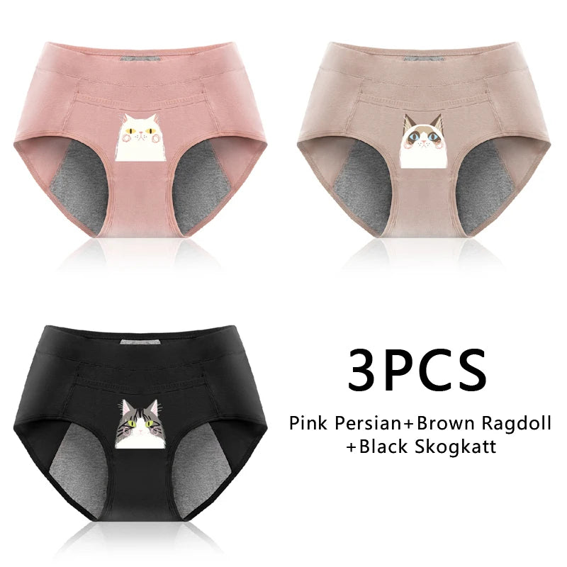 Leak Proof Cotton Menstrual Panties - Breathable Cartoon Cat Womens Intimates 3PCS - ZOOMNSTORE