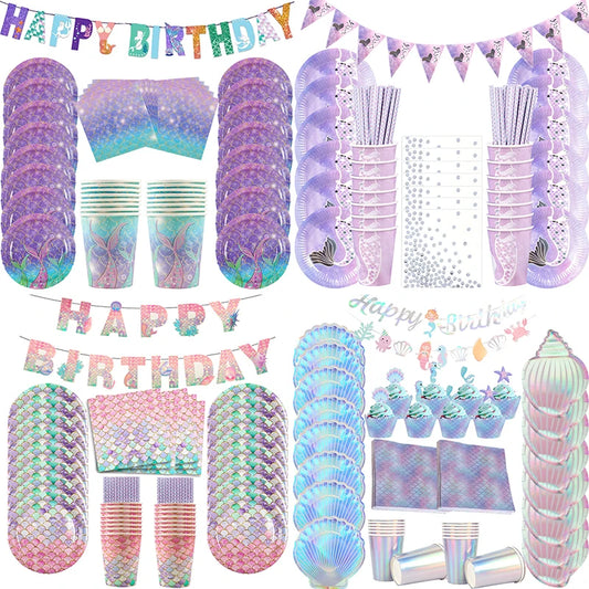 Mermaid Party Supplies Set - Disposable Plates Cups Napkins for Girls Birthday  Baby Shower - ZOOMNSTORE