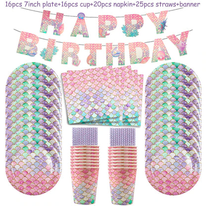 Mermaid Party Supplies Set - Disposable Plates Cups Napkins for Girls Birthday  Baby Shower - ZOOMNSTORE