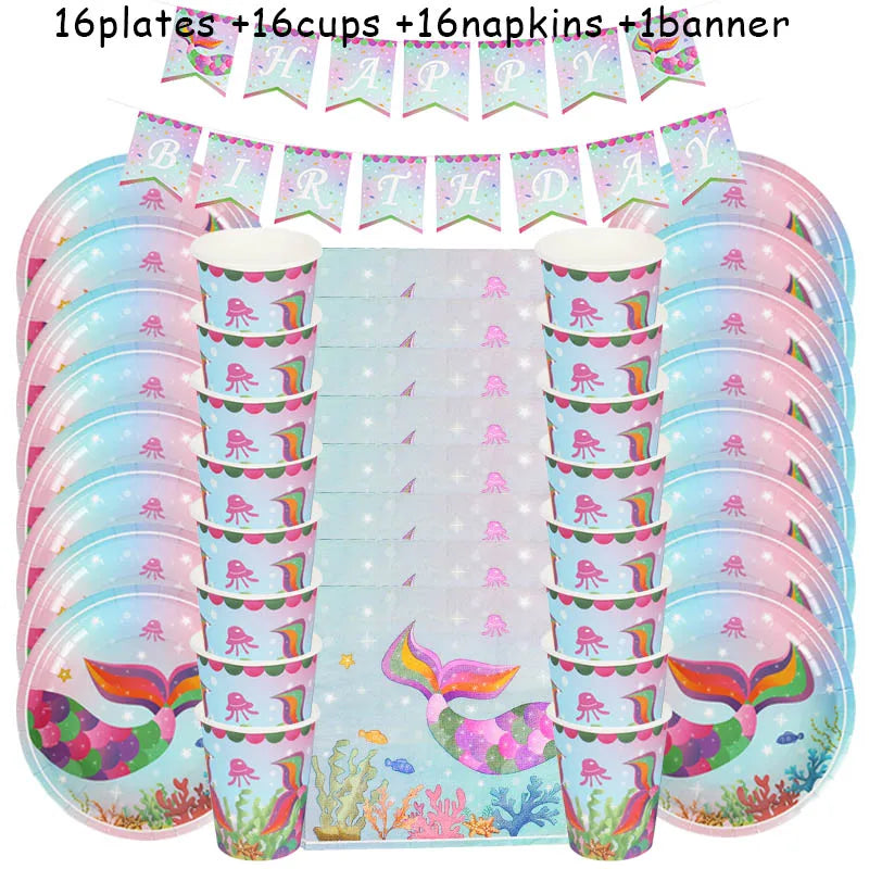 Mermaid Party Supplies Set - Disposable Plates Cups Napkins for Girls Birthday  Baby Shower - ZOOMNSTORE