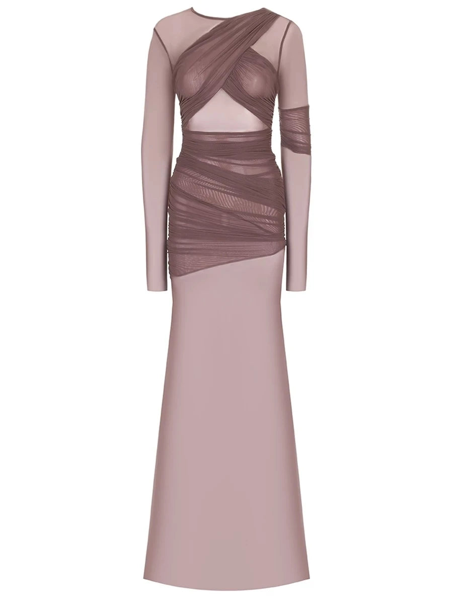 Mesh Patchwork Dress - Elegant Bodycon Evening Gown With Long Sleeves & Double Layer Design - ZOOMNSTORE