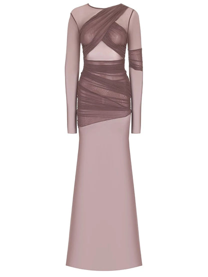 Mesh Patchwork Dress - Elegant Bodycon Evening Gown With Long Sleeves & Double Layer Design - ZOOMNSTORE